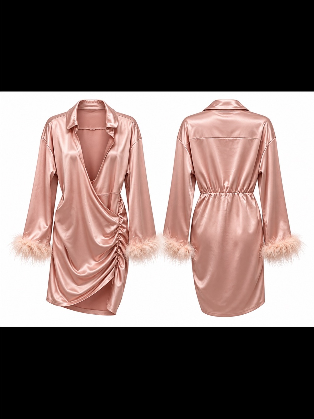 Satin Feather-Trim Mini Dress in Rose Gold